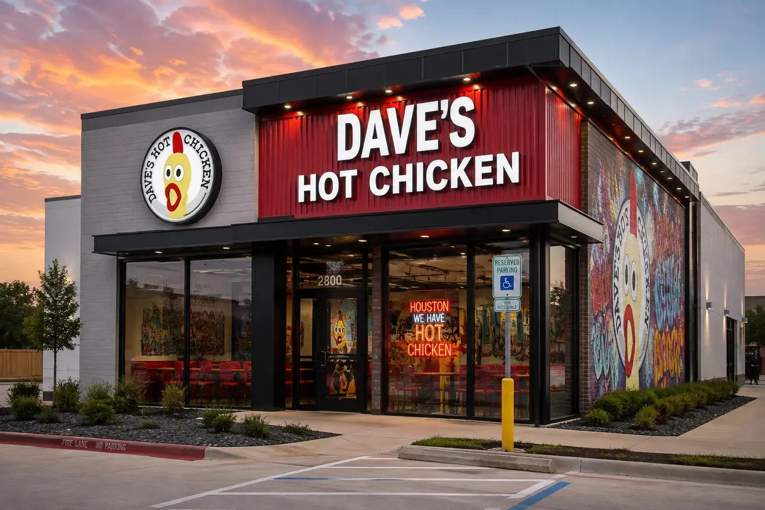 dev conv Dave's Hot Chicken restaurant storefront at sunset