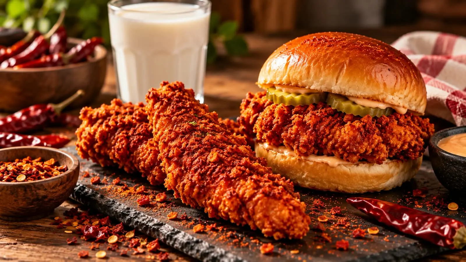 daves hot chicken reaper challenge Fiery red-dusted fried chicken tender and slider with dried chili peppers and a glass of milk