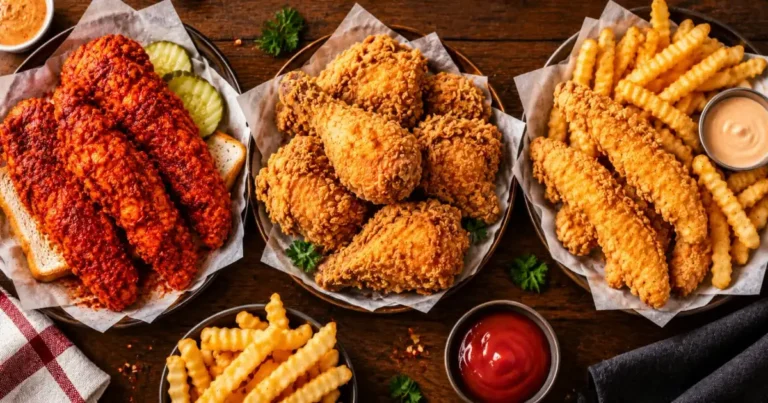 Three types of fried chicken compared side by side: spicy hot chicken tenders, bone-in fried chicken and chicken fingers