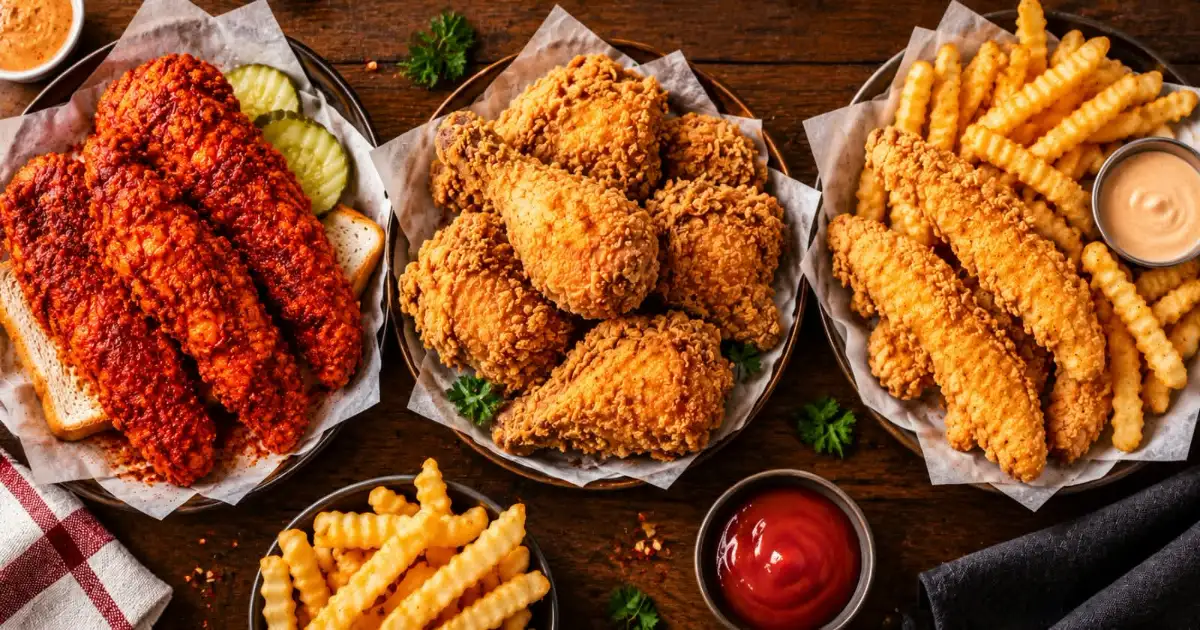 daves hot chicken vs popeyes vs raising canes Three types of fried chicken compared side by side: spicy hot chicken tenders, bone-in fried chicken and chicken fingers