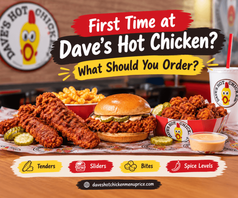 First time at Dave's Hot Chicken - what to order guide showing tenders, sliders, bites and spice levels