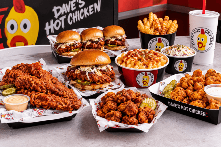 Dave's Hot Chicken menu items including tenders, sliders, mac and cheese, fries, and bites