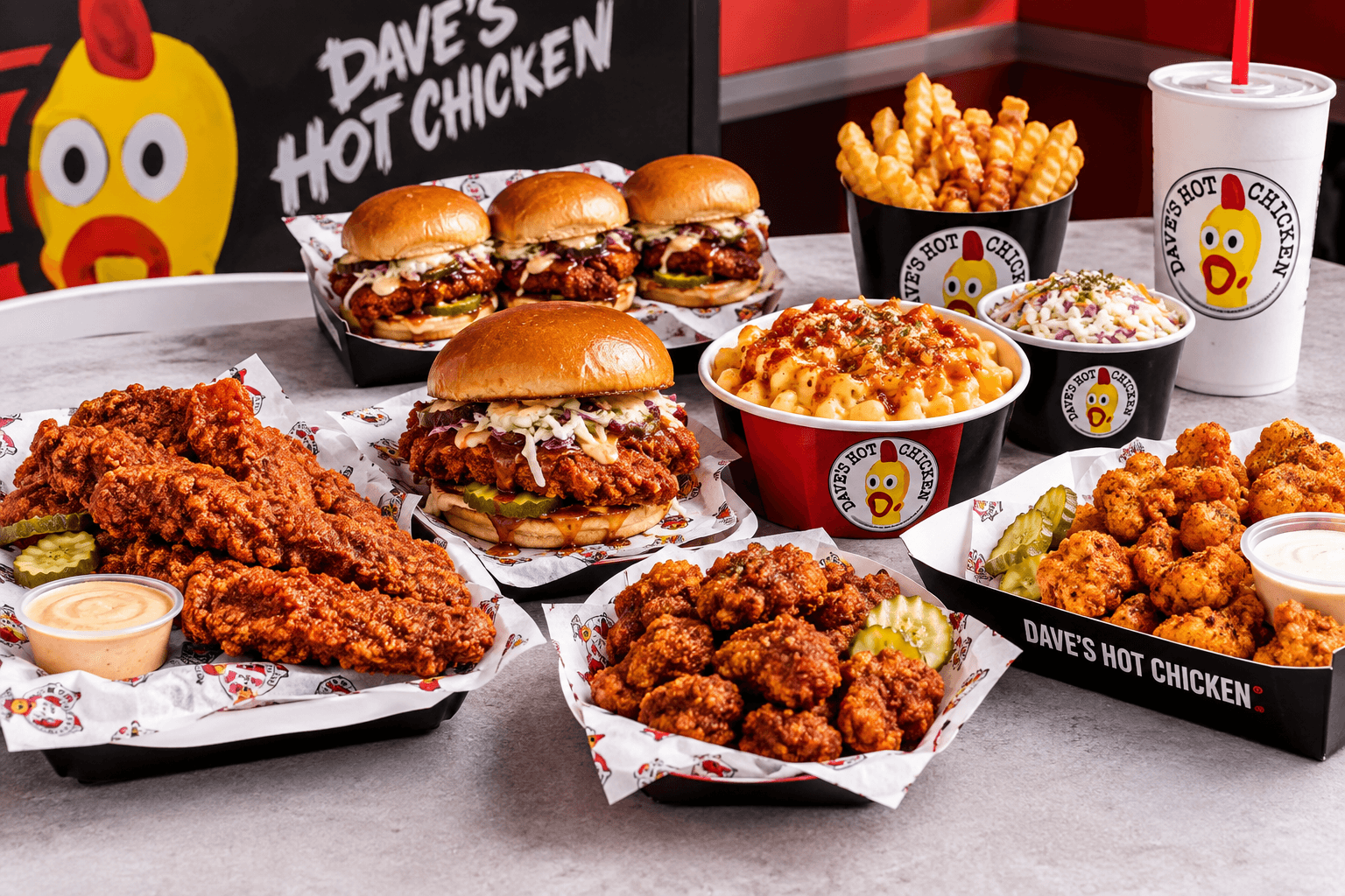 Dave's Hot Chicken menu items including tenders, sliders, mac and cheese, fries, and bites
