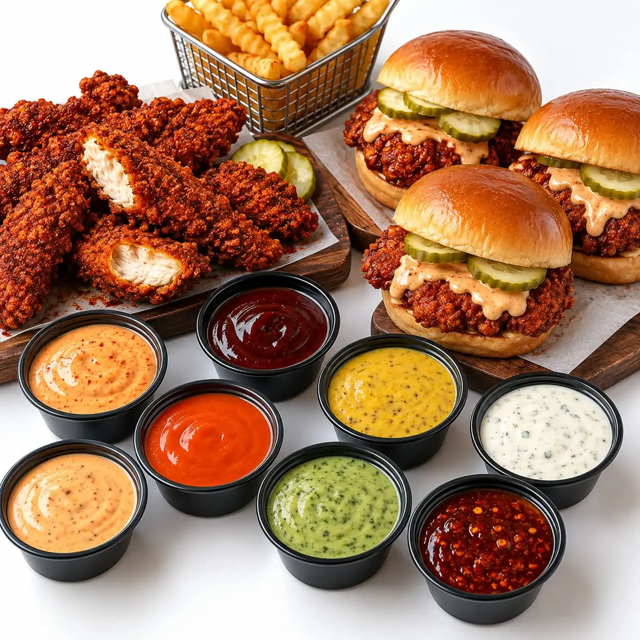 assorted Dave's Hot Chicken dips on a tray