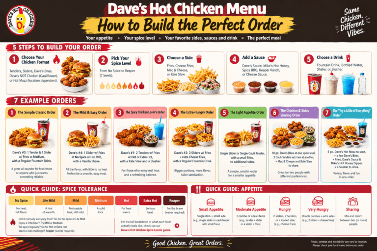 Dave's Hot Chicken menu order guide infographic showing 5 steps to build the perfect order, example orders, and spice level guide