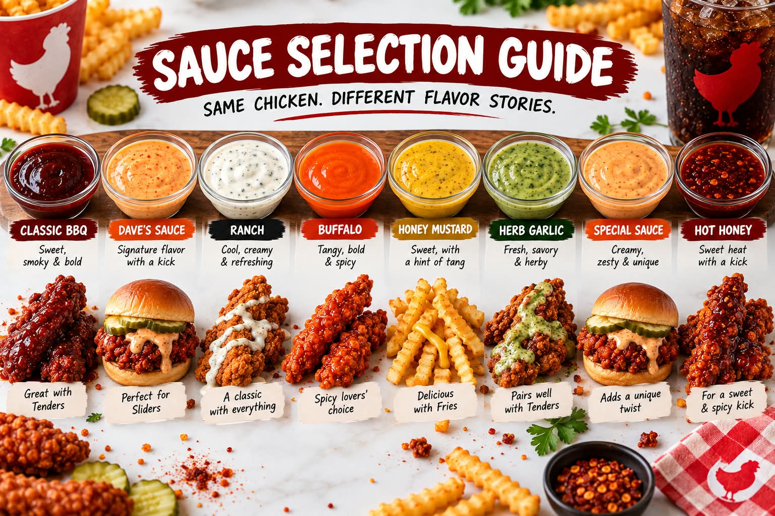 Dave's Hot Chicken sauce selection guide showing 8 sauces with chicken and fries pairings