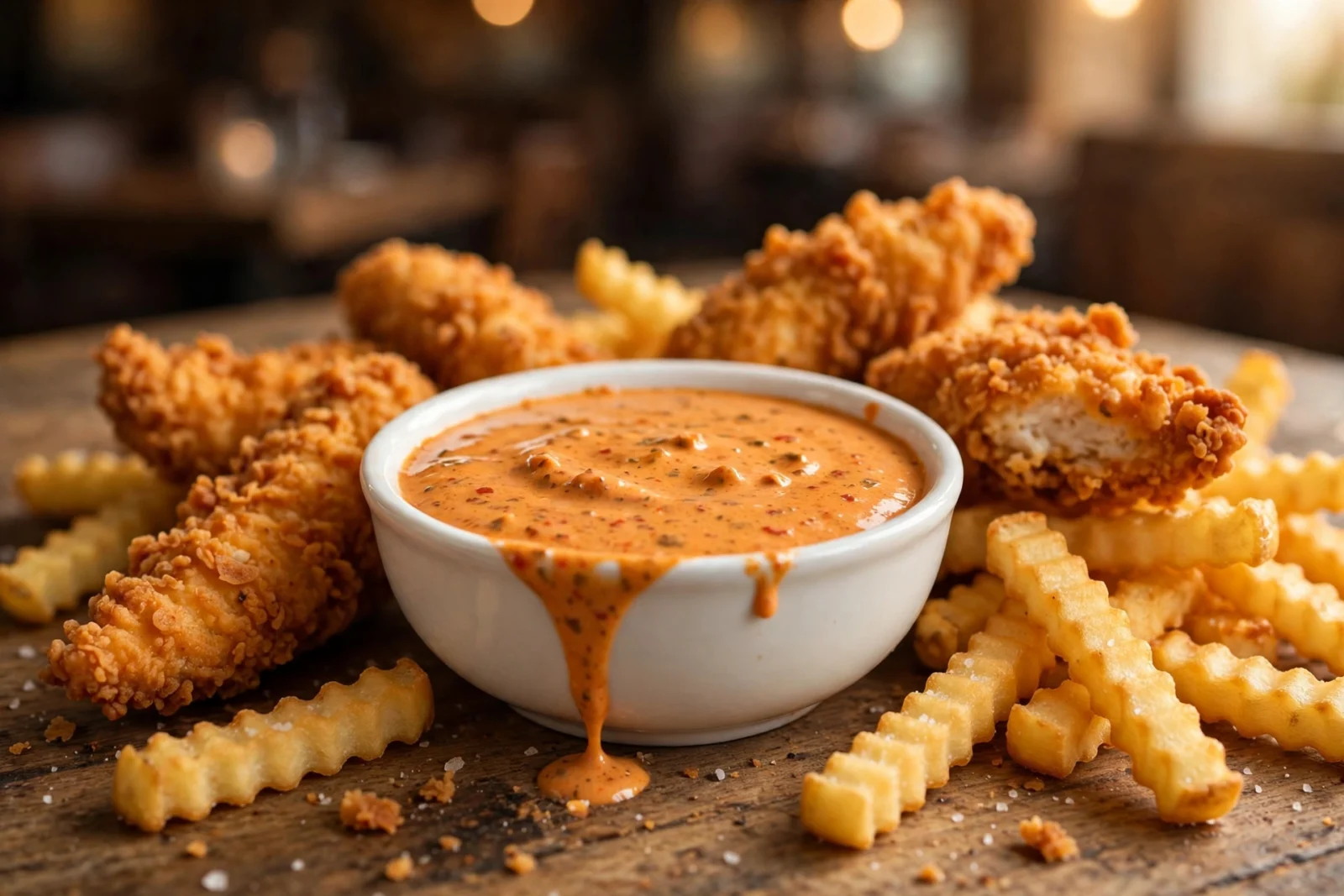 daves hot chicken copycat sauce bowl Dave's Hot Chicken copycat sauce in a bowl with crispy chicken tenders and crinkle-cut fries