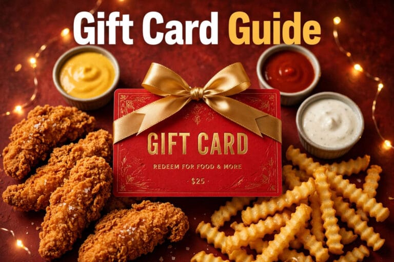 Dave's Hot Chicken gift card guide — red gift card with chicken tenders, fries and sauces