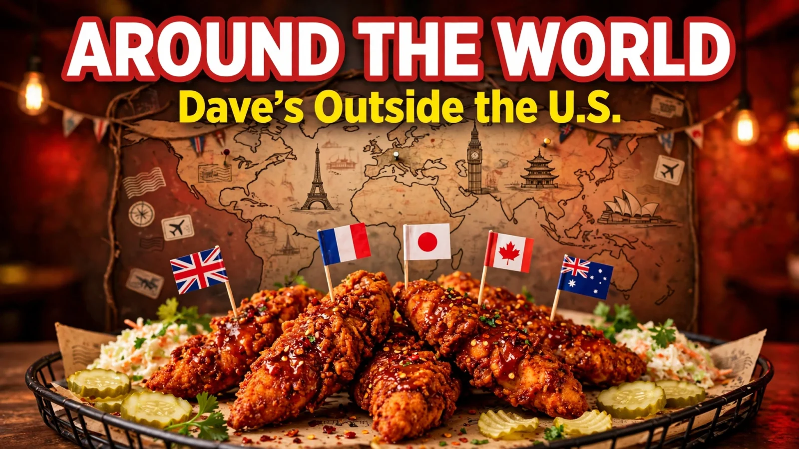 Dave's Hot Chicken tenders with world flags in front of a world map — Dave's locations outside the U.S.