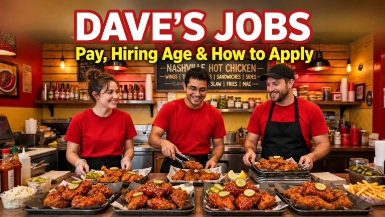 daves hot chicken jobs featured Dave's Hot Chicken crew in red shirts serving tenders — jobs, pay and how to apply