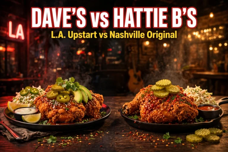 daves hot chicken vs hattie bs featured Dave's Hot Chicken vs Hattie B's hot chicken plates facing off — L.A. vs Nashville