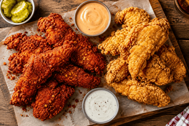 Spicy red Dave's Hot Chicken tenders next to golden Zaxby's chicken fingers with dipping sauces